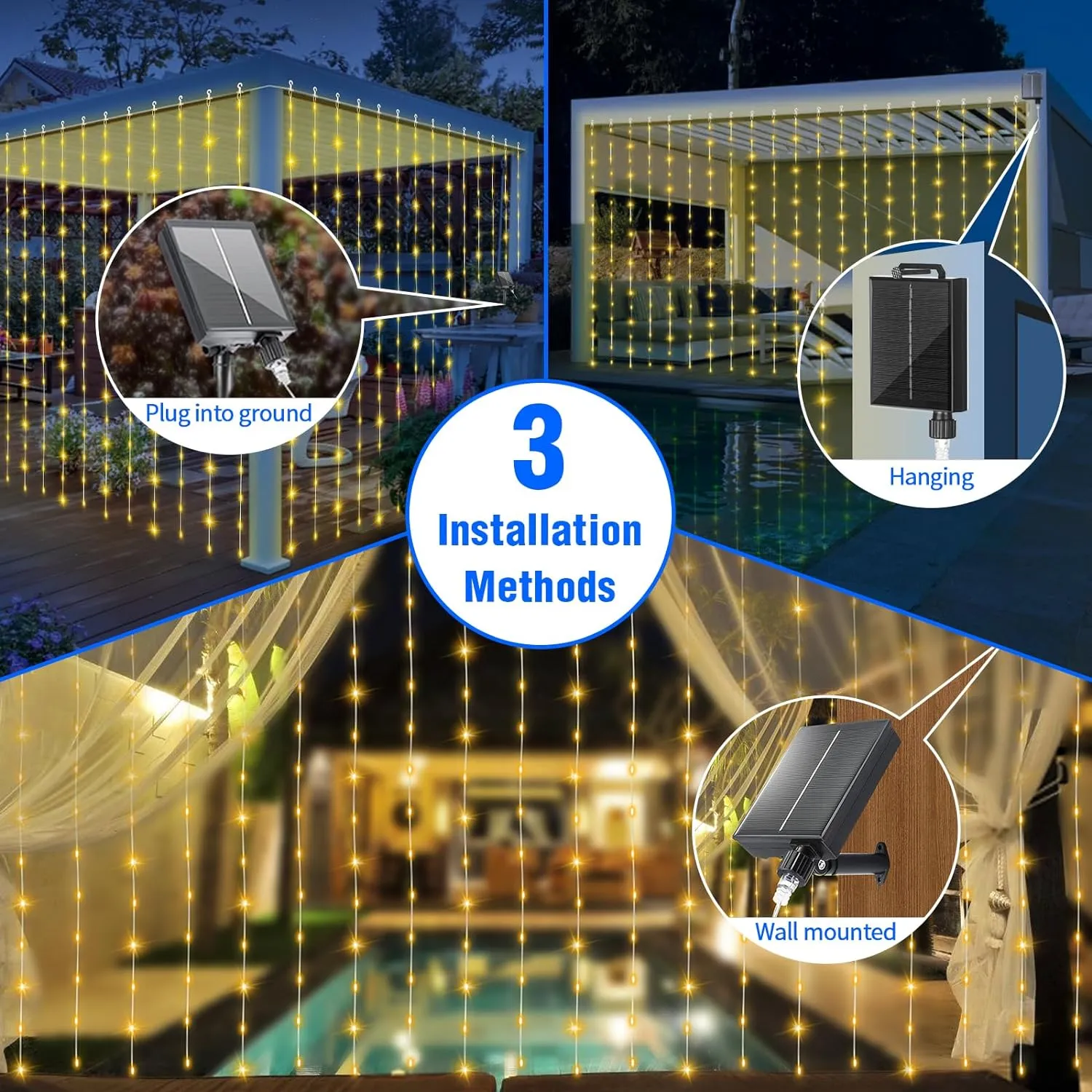Outdoor Elegance: 300 LED Solar Curtain Lights: Waterproof, Remote, 8 Modes