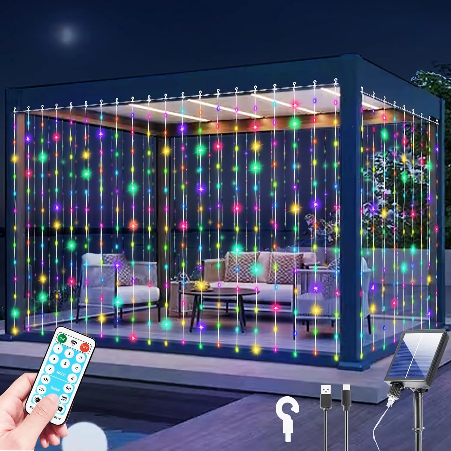 Outdoor Elegance: 300 LED Solar Curtain Lights: Waterproof, Remote, 8 Modes