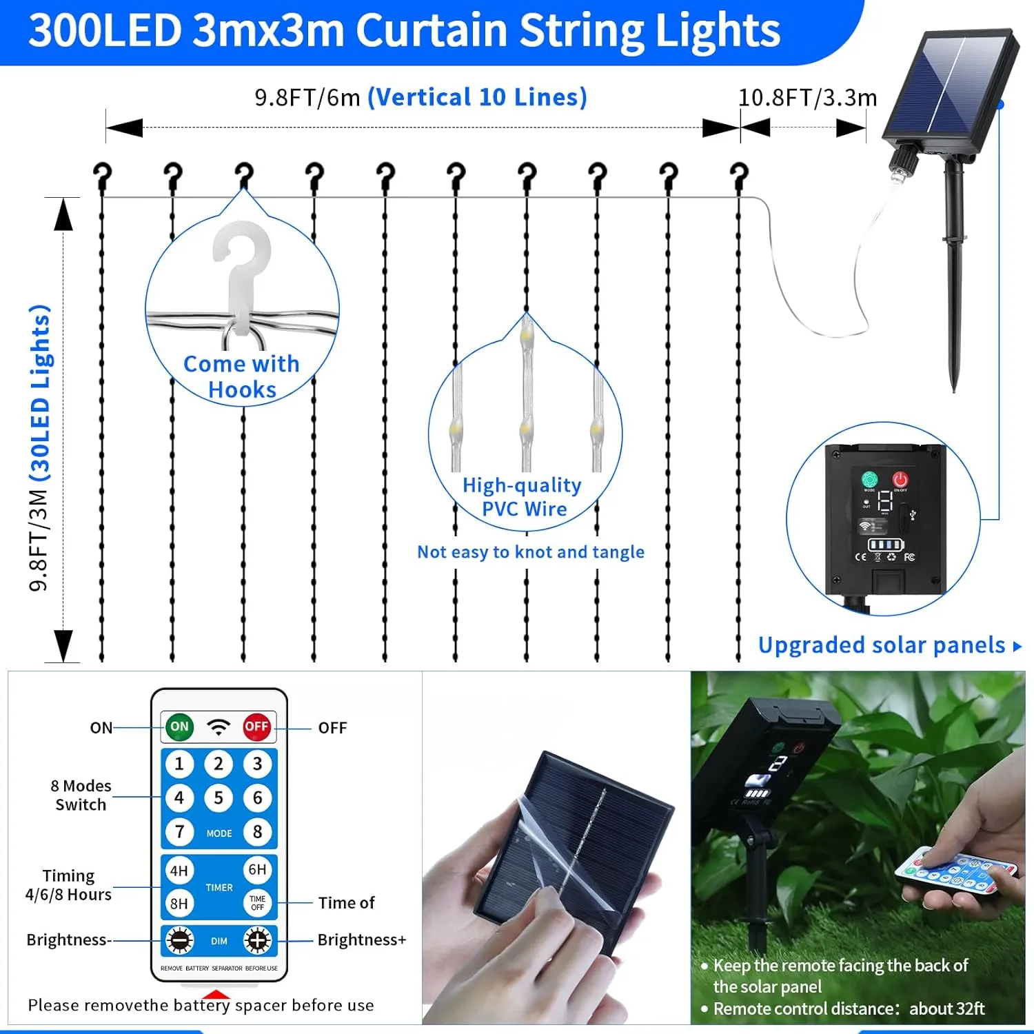 Outdoor Elegance: 300 LED Solar Curtain Lights: Waterproof, Remote, 8 Modes