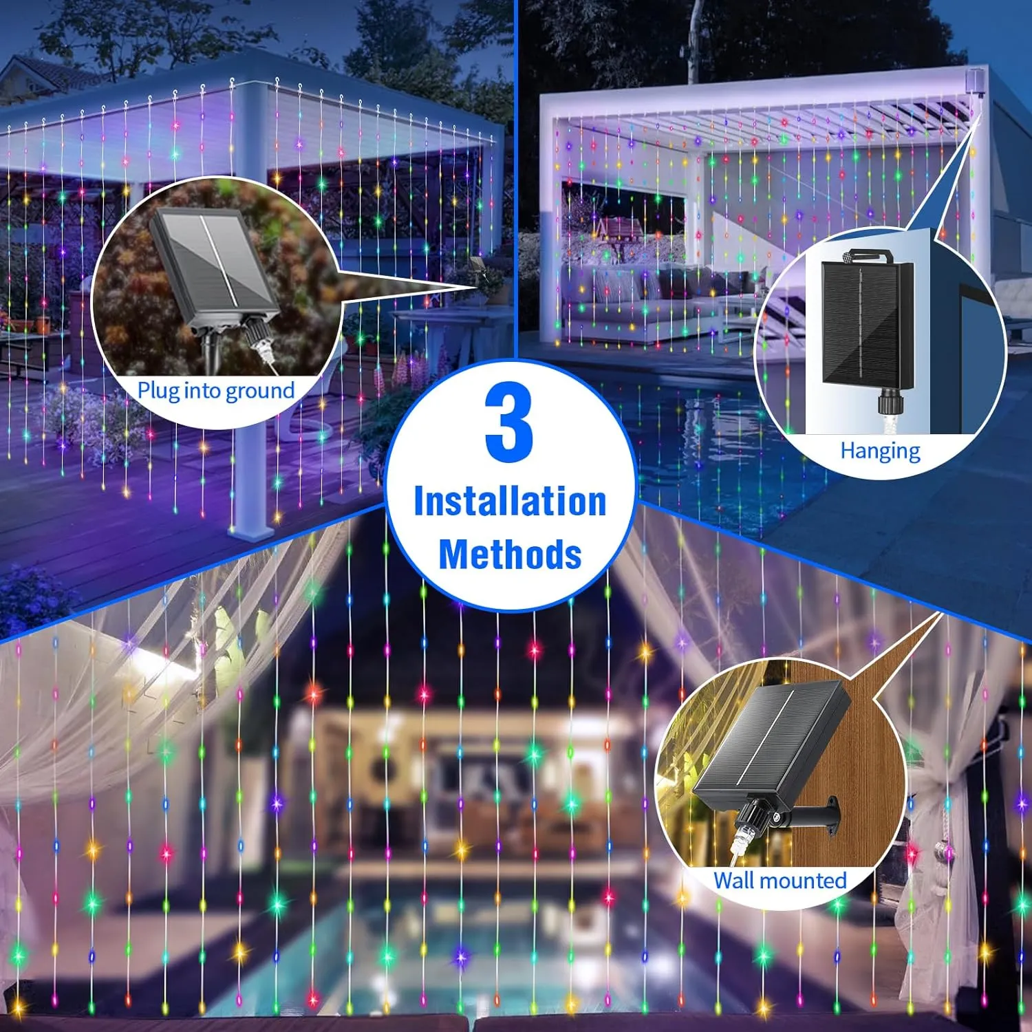 Outdoor Elegance: 300 LED Solar Curtain Lights: Waterproof, Remote, 8 Modes