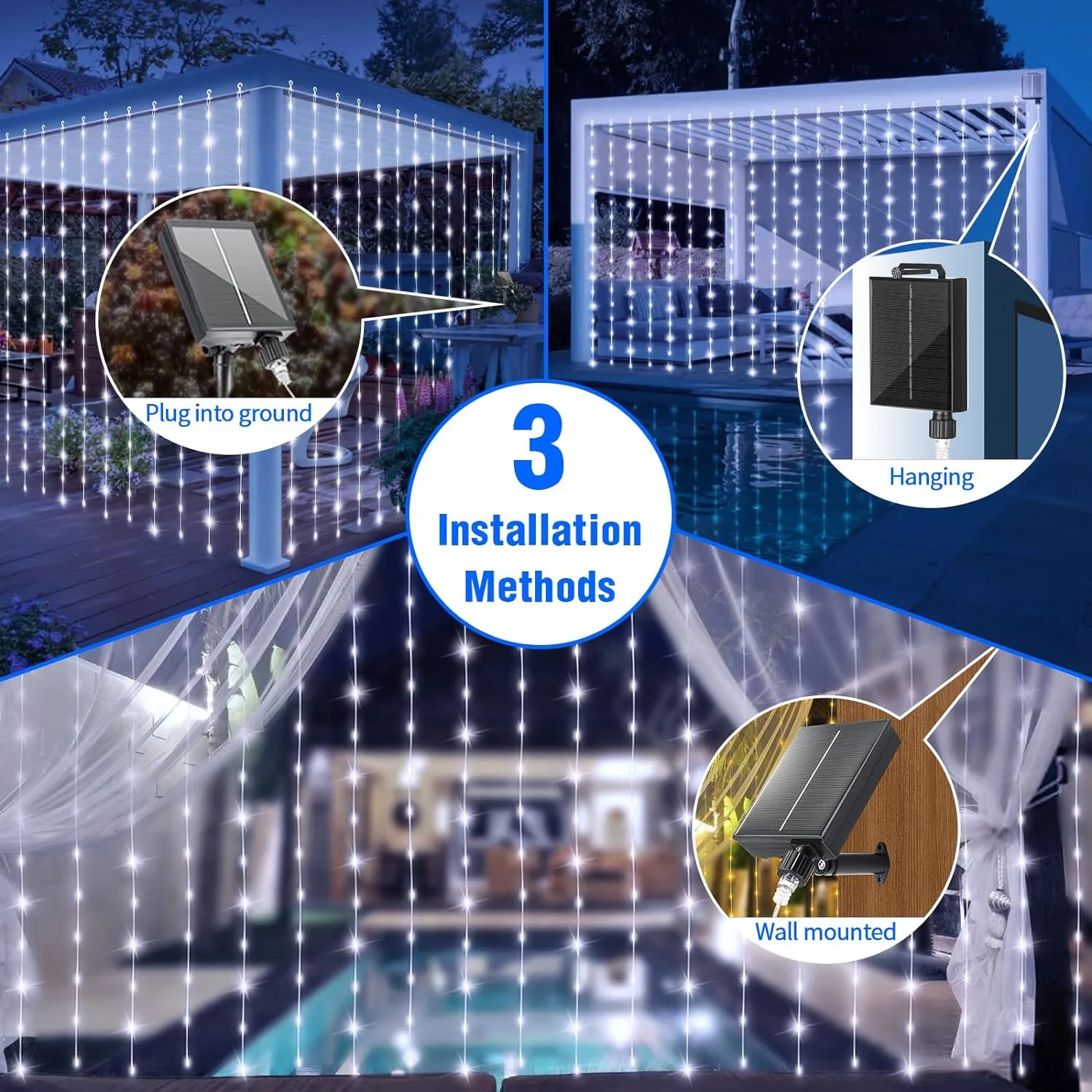 Outdoor Elegance: 300 LED Solar Curtain Lights: Waterproof, Remote, 8 Modes