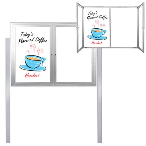 Outdoor Enclosed Dry Erase Marker Board with Posts and LED Lighting (2 and 3 Doors) - White Porcelain Steel