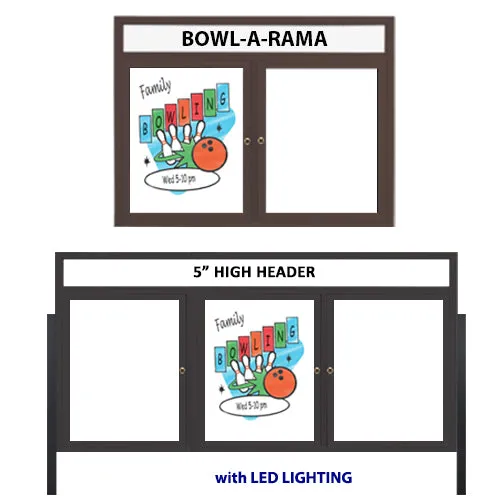 Outdoor Enclosed Dry Erase Marker Board with Posts Message Header and LED Lighting (2 and 3 Doors) - White Porcelain Steel