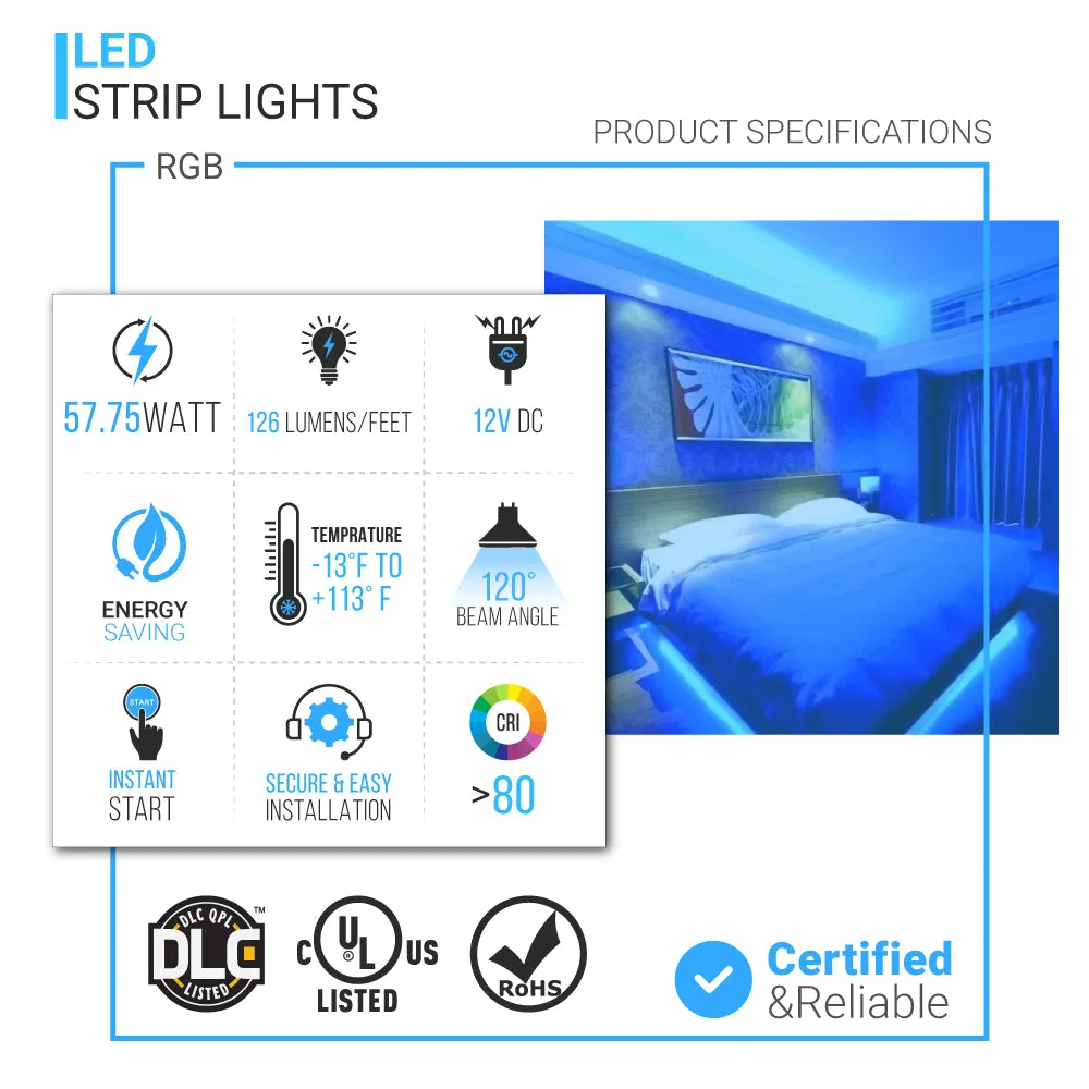 Outdoor Waterproof RGB LED Strip Lights, IP68, 16.4ft, 12V, SMD 5050, 60 leds/Meter -  w/ DC Connector  72W/100-240V AC Power Supply and RGB Controller (KIT)