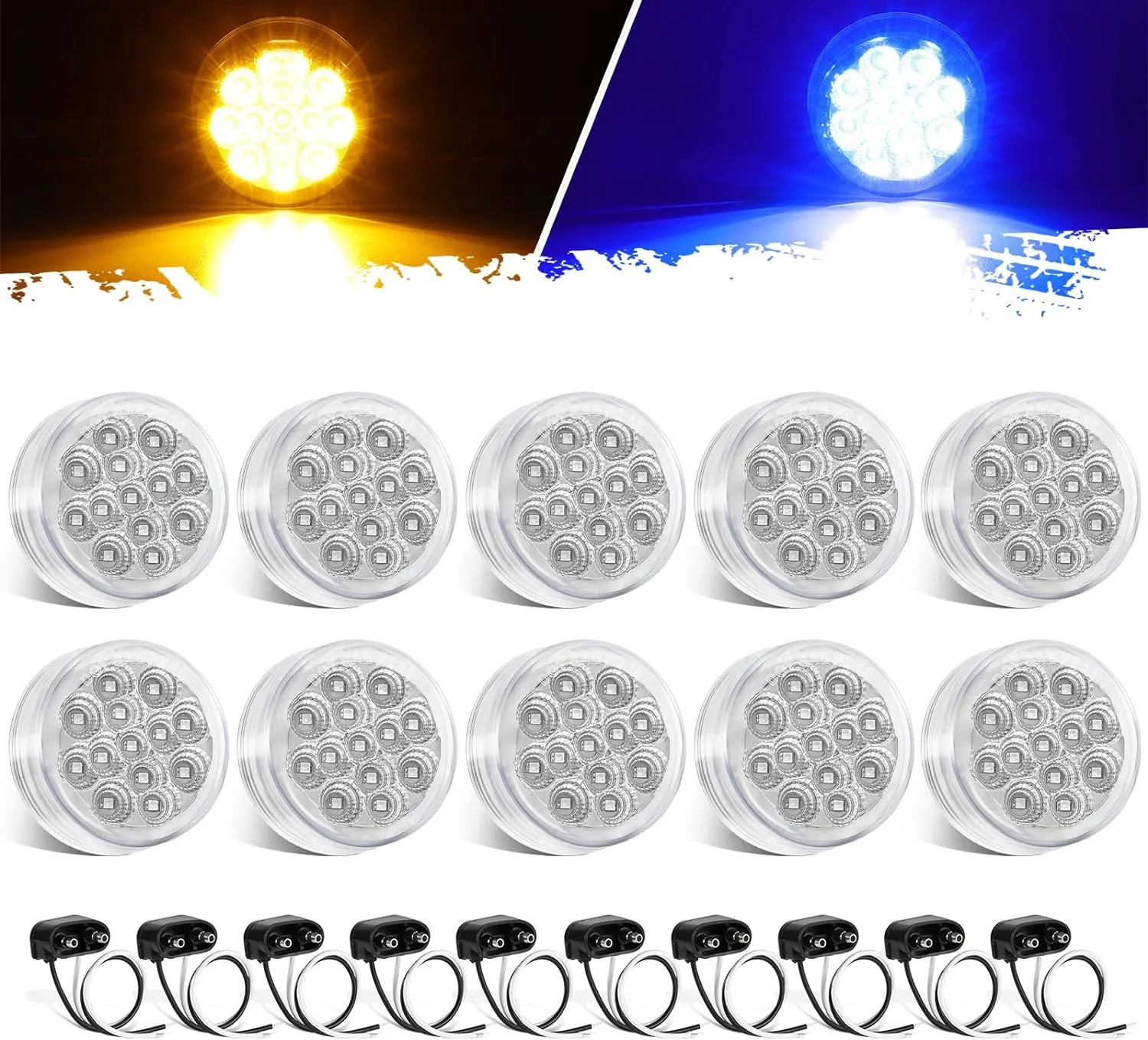 Partsam 10Pcs Dual Revolution 2.5 inch Round 13 LED Marker Light, Amber Side Marker Clearance Lights to Blue Auxiliary Lights for Trailer Truck, Clear Lens,12V, Waterproof