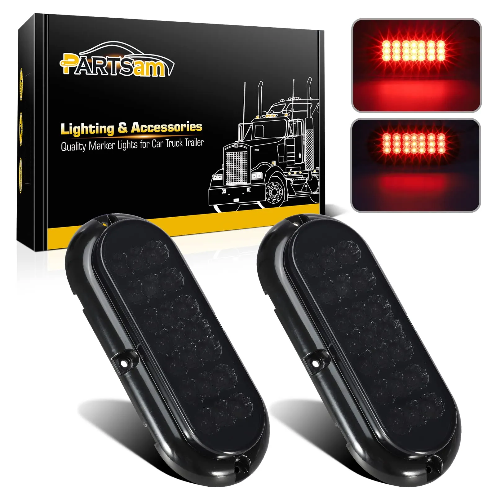 Partsam 2Pcs 6.5" Oval Red Led Trailer Tail Lights w Red Reflector Flange Mount
