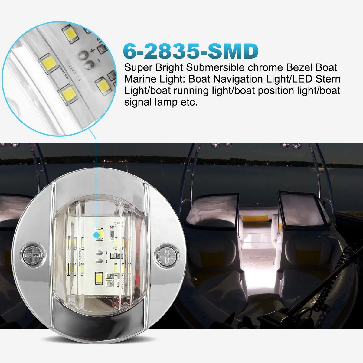 Partsam 4 Pcs 3 Inch Round Chrome Marine LED Transom Mount Stern Anchor Navigation Light IP67 Waterproof, Round Boat Marine Lights 6-2835-SMD, Boat LED Stern Lights 12V DC