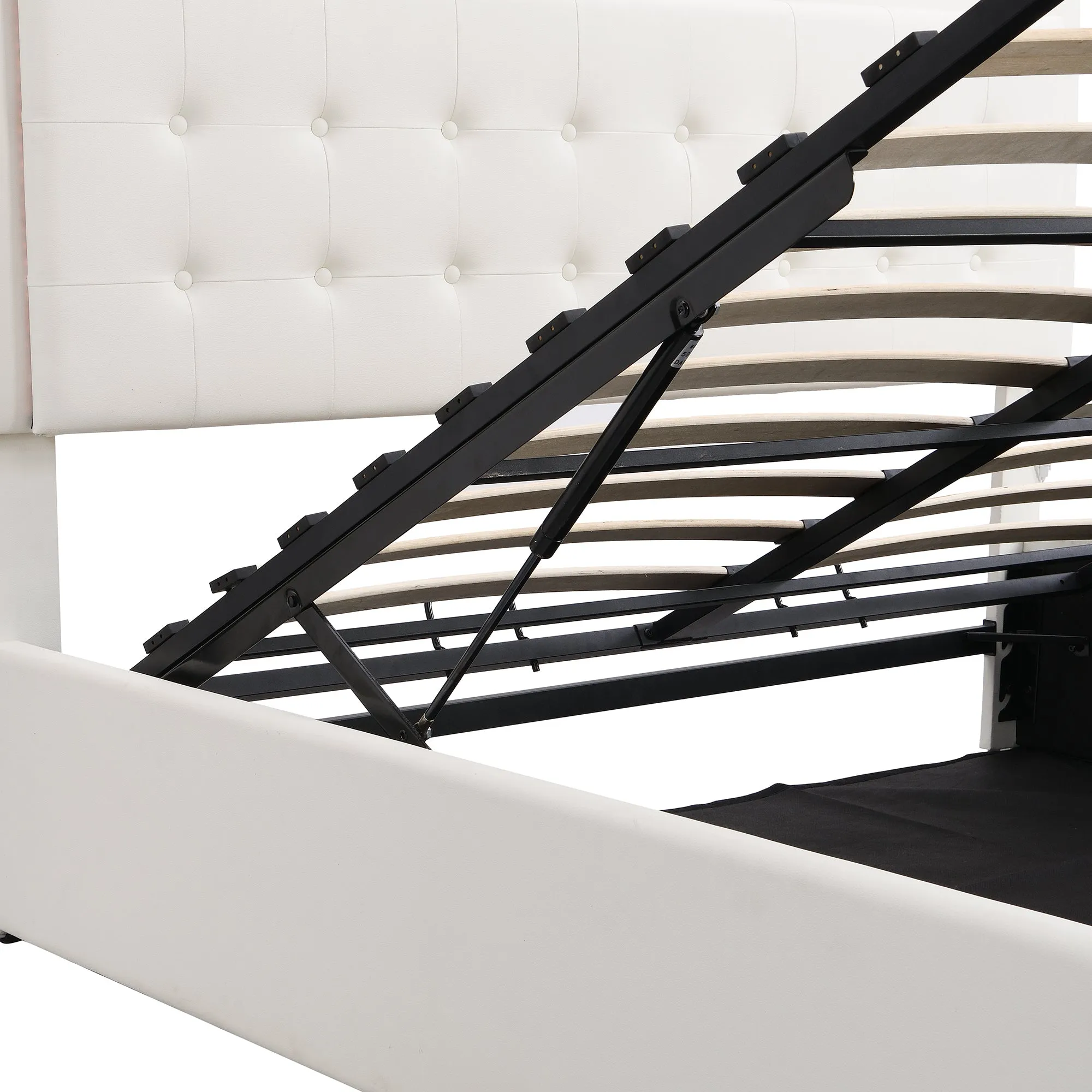 Queen Size Tufted Upholstered Platform Bed with Hydraulic Storage System,PU Storage Bed with LED Lights,White