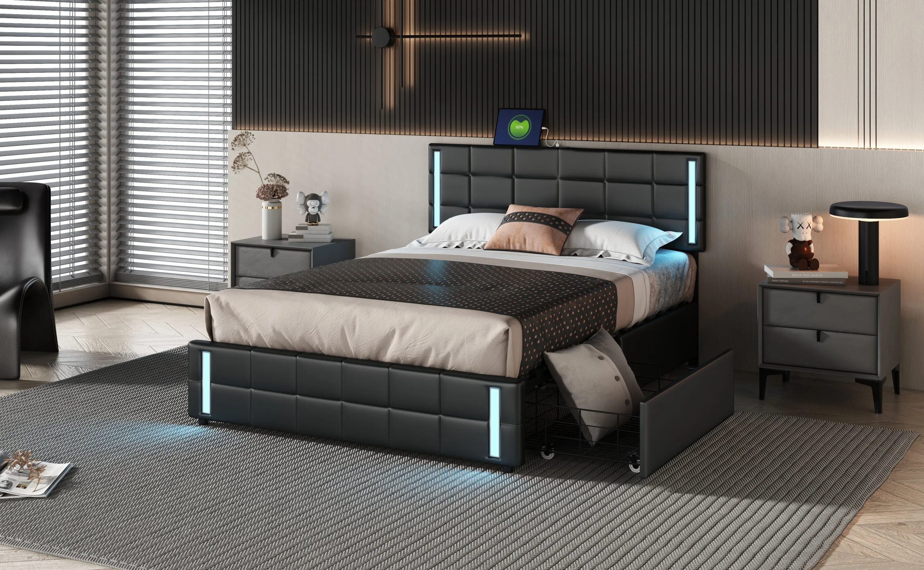 Queen Size Upholstered Platform Bed with LED Lights and USB Charging, Storage Bed with 4 Drawers, Black(Old SKU:WF302558AAB)