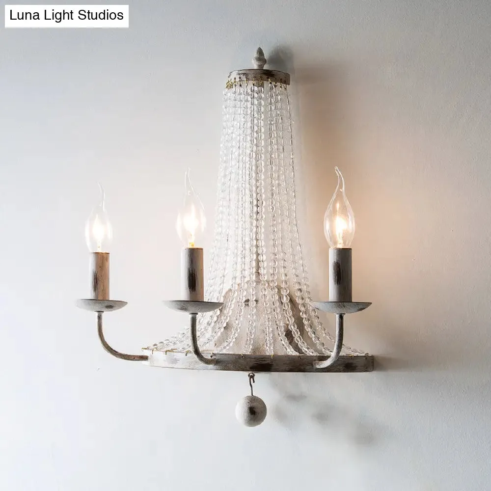 Rustic White Wall Sconce with 3 Candle Holders, Metal Fixture and Glass Accents