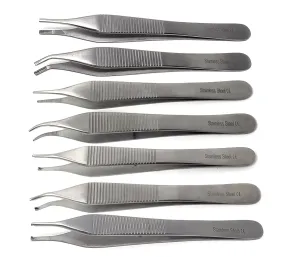 Set of 7 Assorted Adson Forceps Stainless Steel 4.75" Straight   Angled Dissecting Tweezers