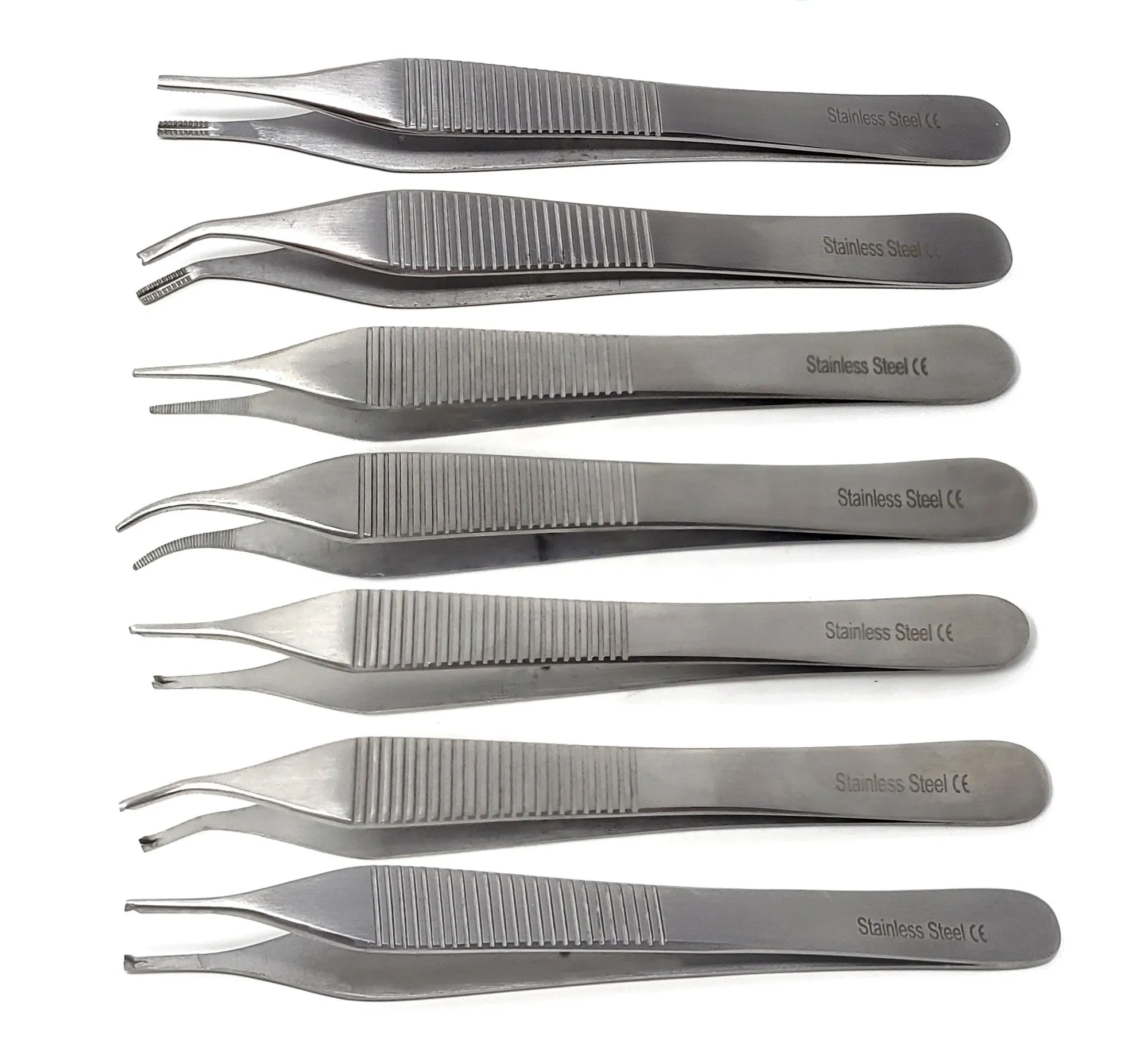 Set of 7 Assorted Adson Forceps Stainless Steel 4.75" Straight   Angled Dissecting Tweezers