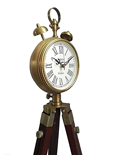 Shama Enterprises Wooden and Brass Antique Metal Tripod Floor Analog Clock with Stand Two Bell Prop Roman Number for Home Living Room Hall & Office Décor Handicraft Gifts Item