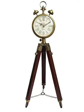 Shama Enterprises Wooden and Brass Antique Metal Tripod Floor Analog Clock with Stand Two Bell Prop Roman Number for Home Living Room Hall & Office Décor Handicraft Gifts Item