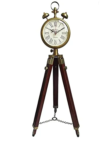 Shama Enterprises Wooden and Brass Antique Metal Tripod Floor Analog Clock with Stand Two Bell Prop Roman Number for Home Living Room Hall & Office Décor Handicraft Gifts Item