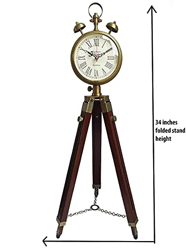 Shama Enterprises Wooden and Brass Antique Metal Tripod Floor Analog Clock with Stand Two Bell Prop Roman Number for Home Living Room Hall & Office Décor Handicraft Gifts Item