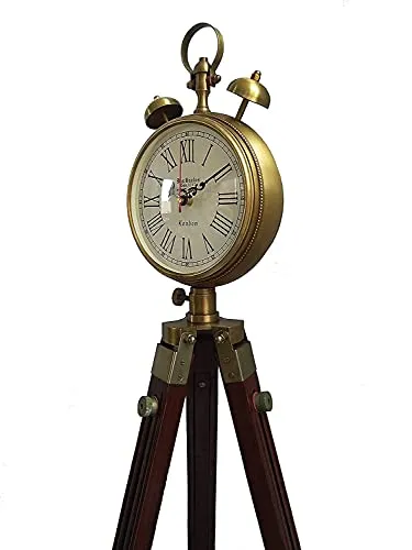 Shama Enterprises Wooden and Brass Antique Metal Tripod Floor Analog Clock with Stand Two Bell Prop Roman Number for Home Living Room Hall & Office Décor Handicraft Gifts Item