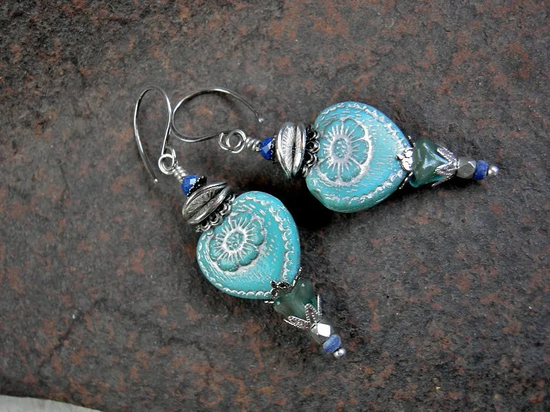 Soft Blue Heart Earrings, Glass Beads with Silver & Faceted Lapis