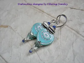 Soft Blue Heart Earrings, Glass Beads with Silver & Faceted Lapis