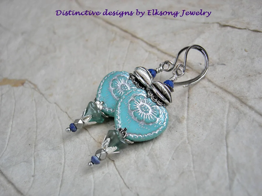 Soft Blue Heart Earrings, Glass Beads with Silver & Faceted Lapis