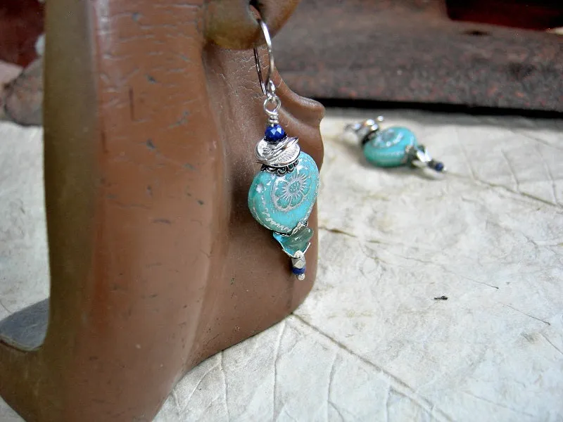 Soft Blue Heart Earrings, Glass Beads with Silver & Faceted Lapis