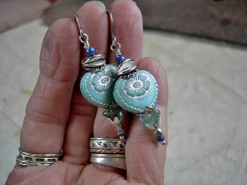 Soft Blue Heart Earrings, Glass Beads with Silver & Faceted Lapis