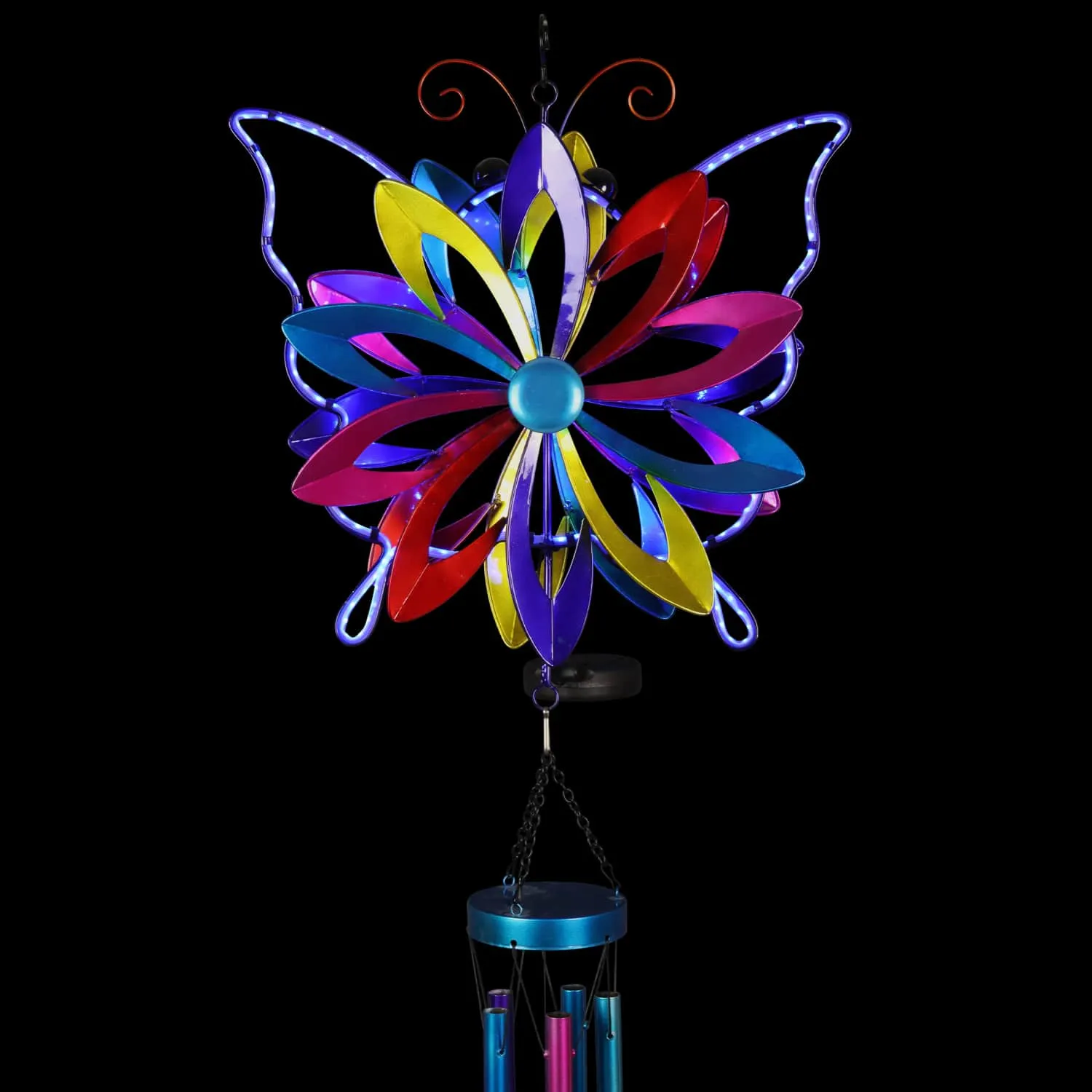 Solar Double Spinner Colorful Metal Butterfly Wind Chime, 14 by 42 Inches