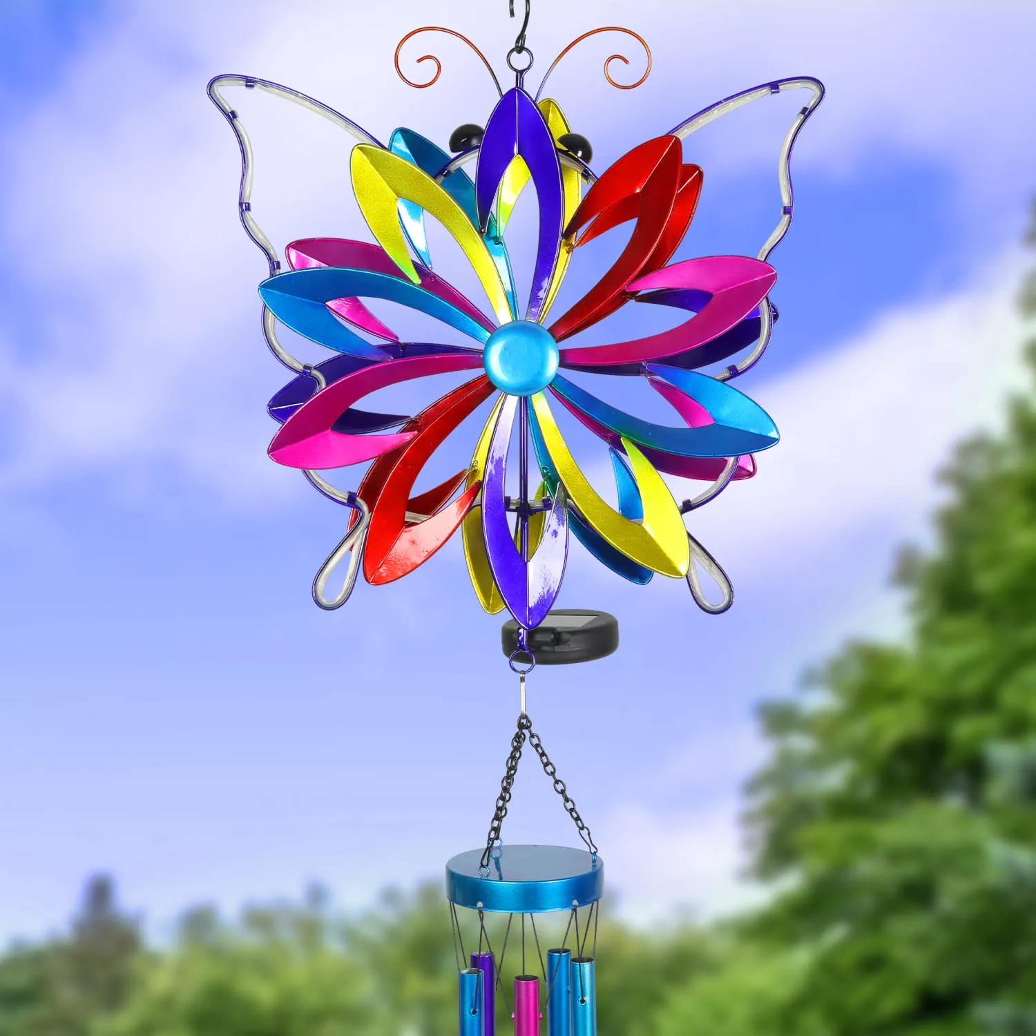 Solar Double Spinner Colorful Metal Butterfly Wind Chime, 14 by 42 Inches