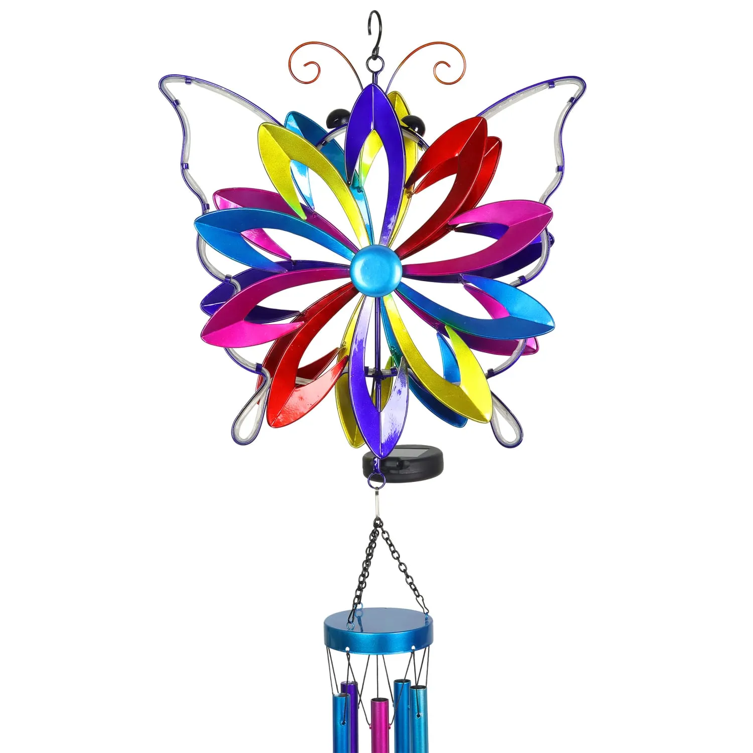 Solar Double Spinner Colorful Metal Butterfly Wind Chime, 14 by 42 Inches