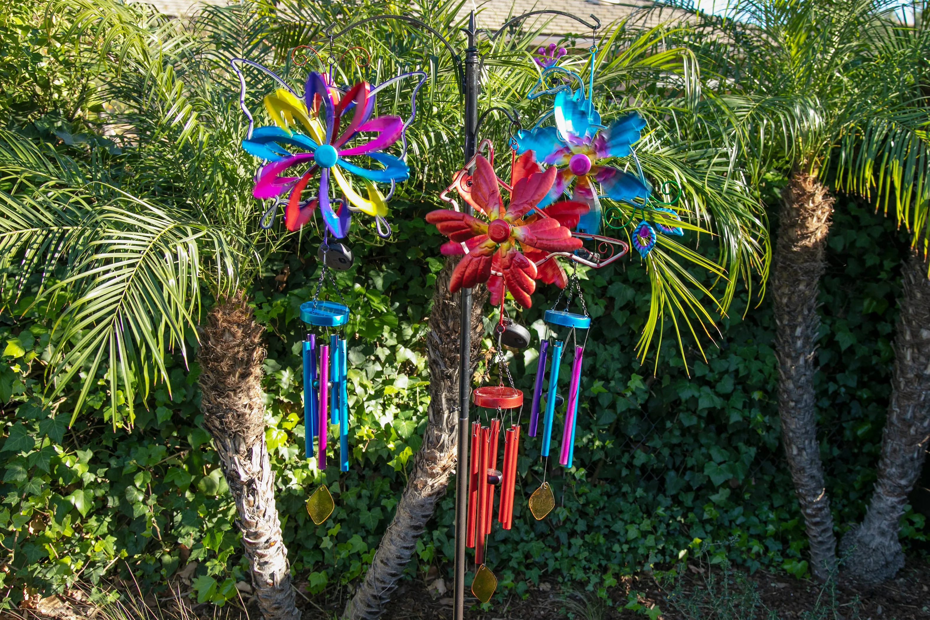 Solar Double Spinner Colorful Metal Butterfly Wind Chime, 14 by 42 Inches