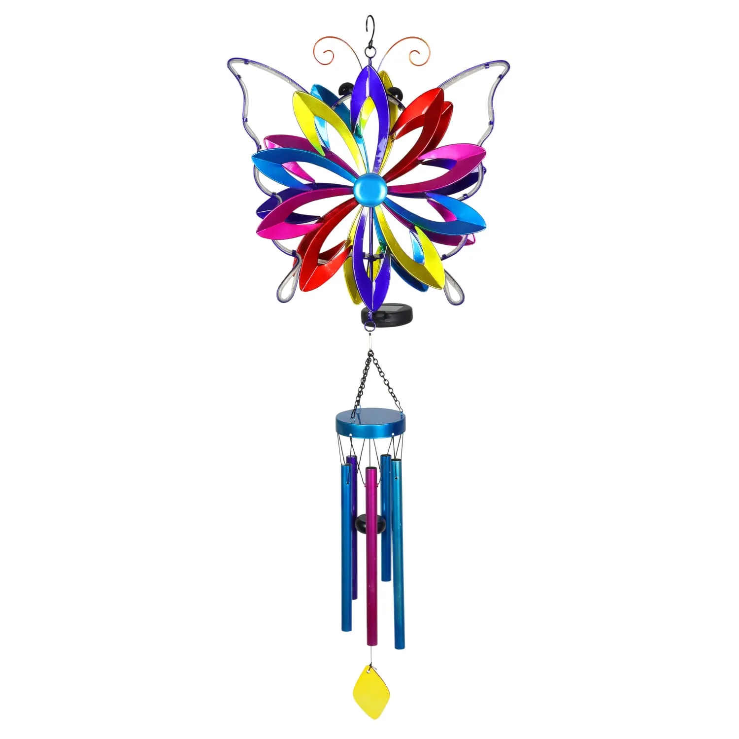Solar Double Spinner Colorful Metal Butterfly Wind Chime, 14 by 42 Inches