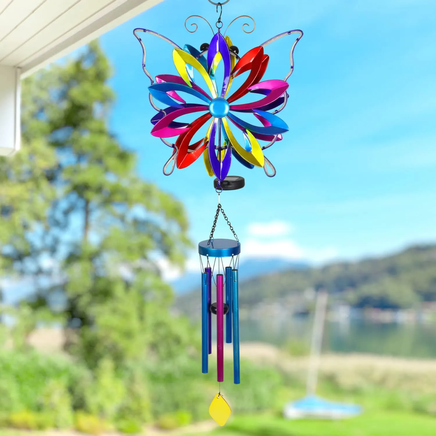 Solar Double Spinner Colorful Metal Butterfly Wind Chime, 14 by 42 Inches