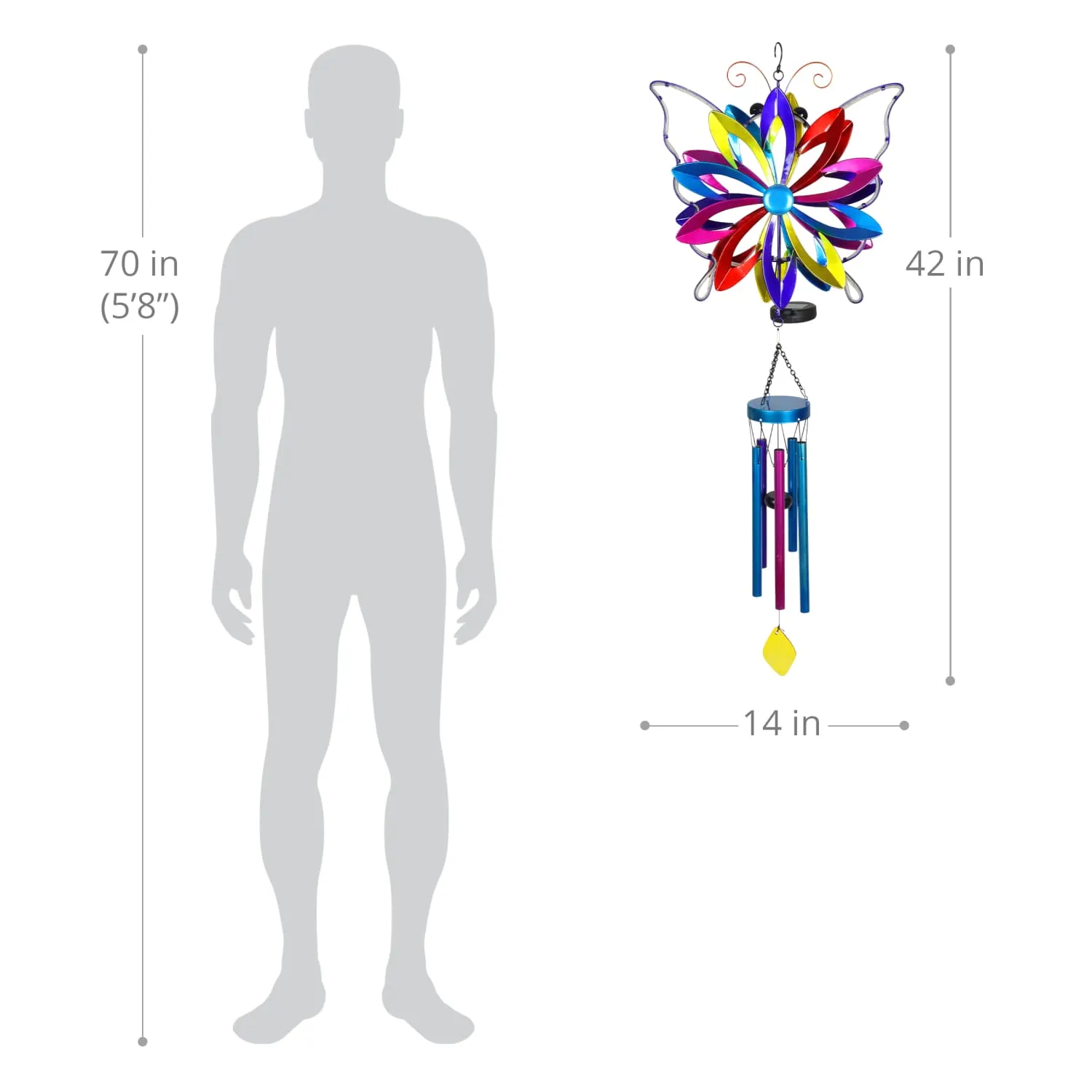 Solar Double Spinner Colorful Metal Butterfly Wind Chime, 14 by 42 Inches