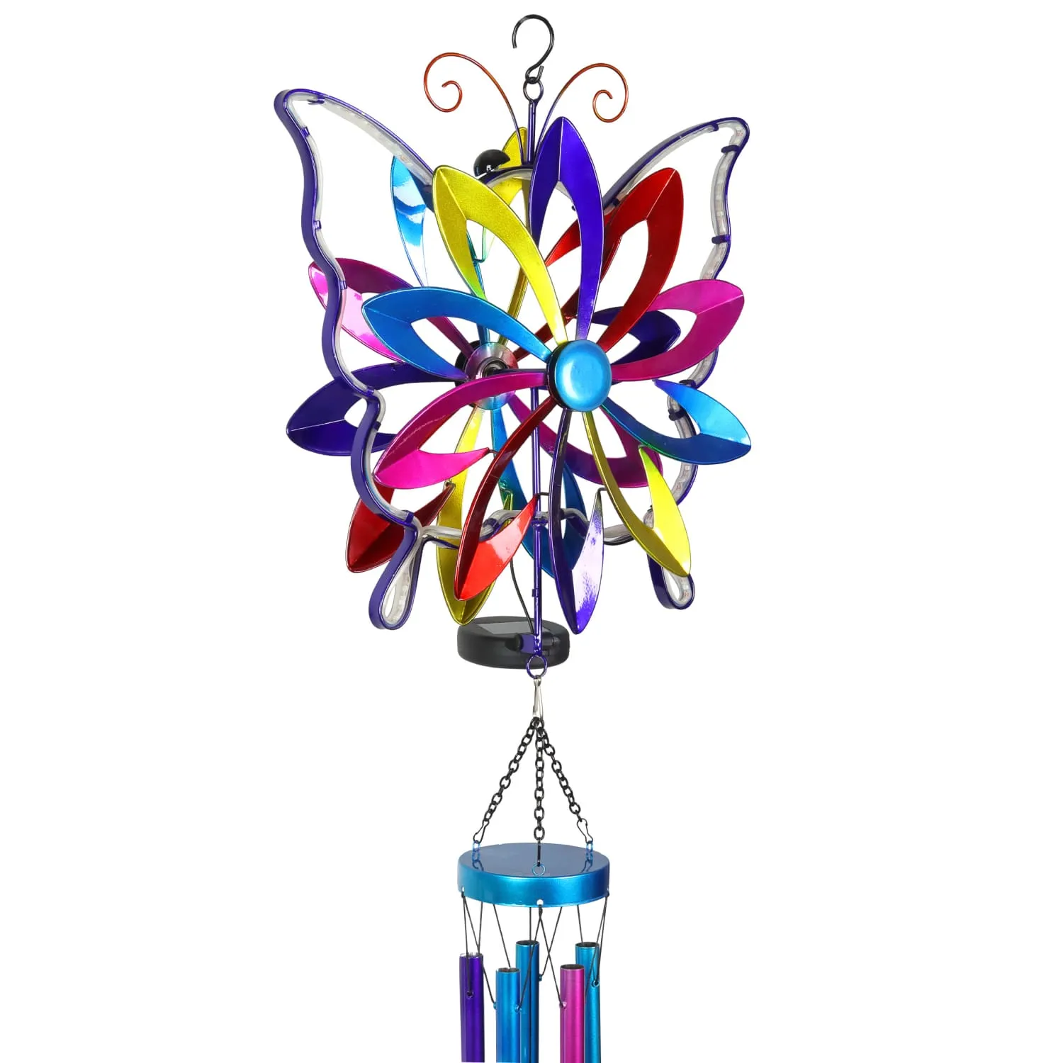 Solar Double Spinner Colorful Metal Butterfly Wind Chime, 14 by 42 Inches