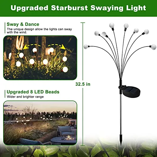 Solar Garden Lights- New Upgraded 8 LED Solar Swaying Lights, Solar Powered Firefly Lights Waterproof, Solar Outdoor Lights Vibrant Garden Lights for Yard Patio Pathway Decoration, 4 Pack(Warm White)
