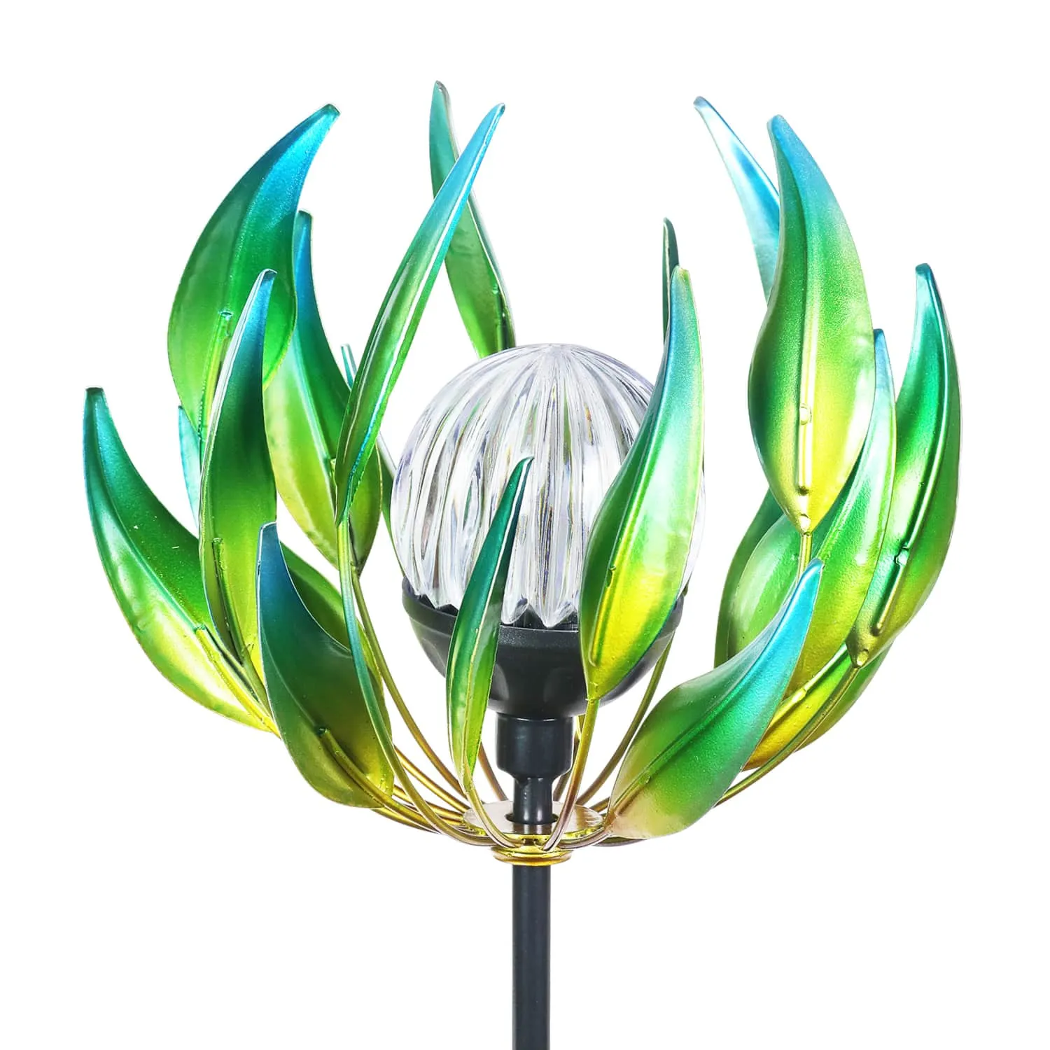 Solar Metal Green Spinning Flower Stake with LED Crackle Ball, 10 by 42 Inches