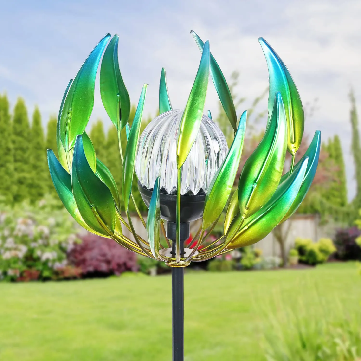 Solar Metal Green Spinning Flower Stake with LED Crackle Ball, 10 by 42 Inches