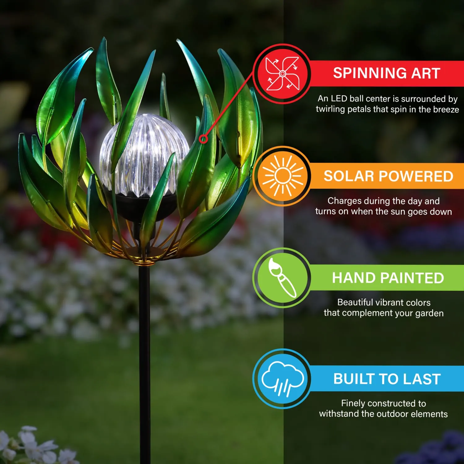 Solar Metal Green Spinning Flower Stake with LED Crackle Ball, 10 by 42 Inches
