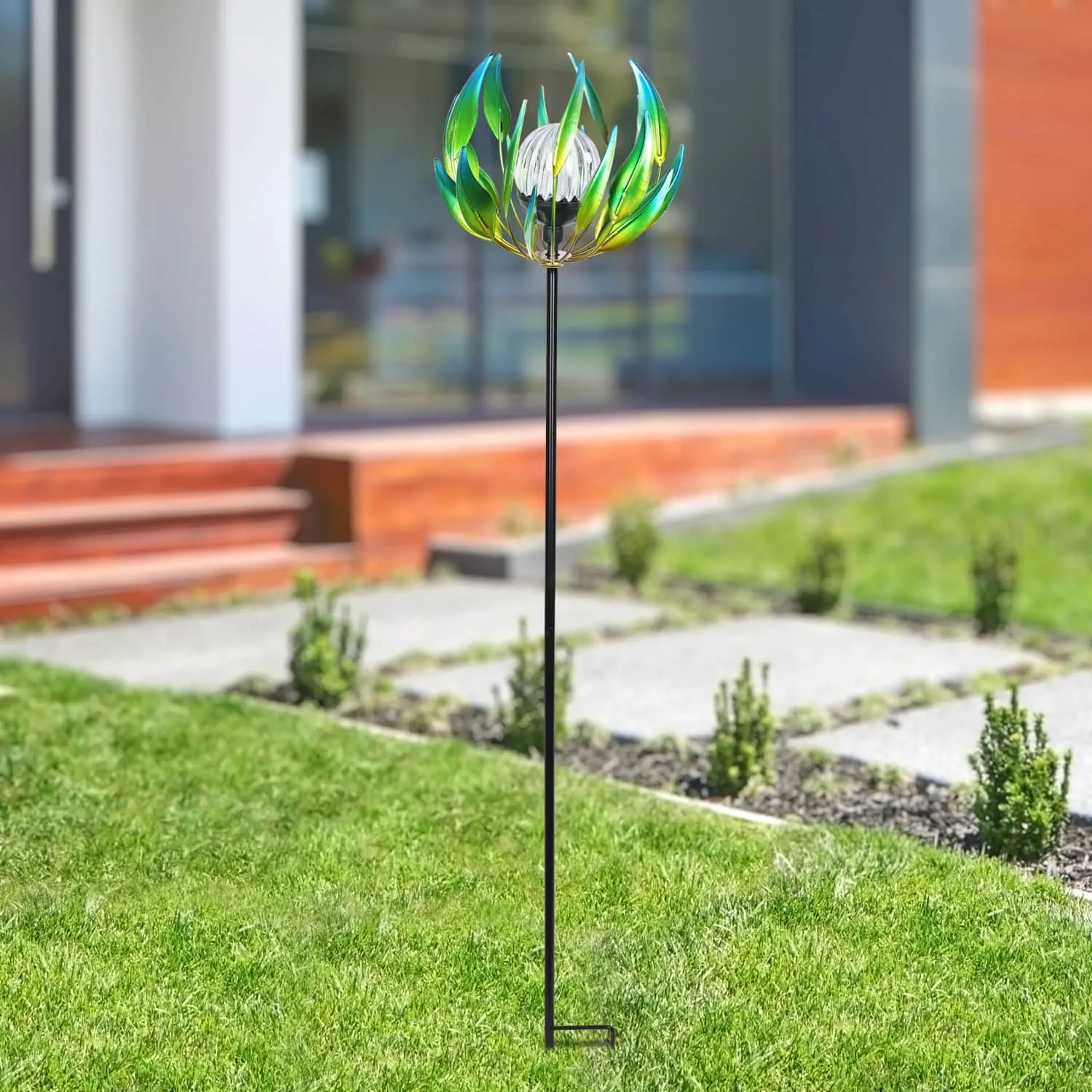 Solar Metal Green Spinning Flower Stake with LED Crackle Ball, 10 by 42 Inches