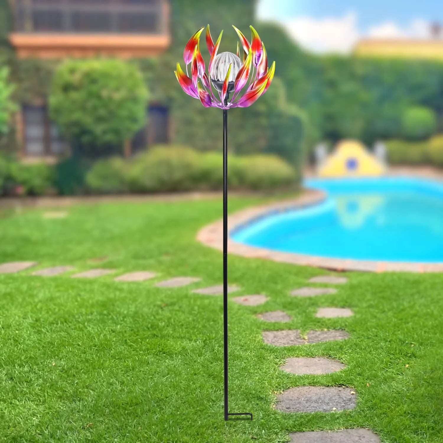 Solar Metal Red Spinning Flower Stake with LED Ball, 10 by 42 Inches