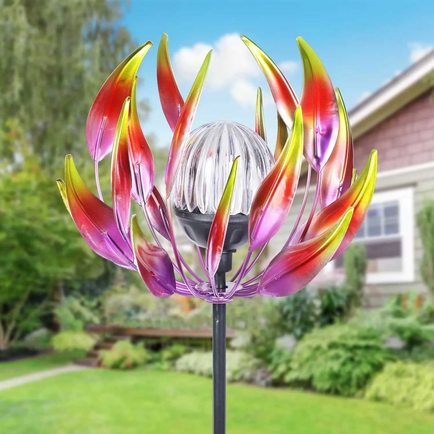 Solar Metal Red Spinning Flower Stake with LED Ball, 10 by 42 Inches