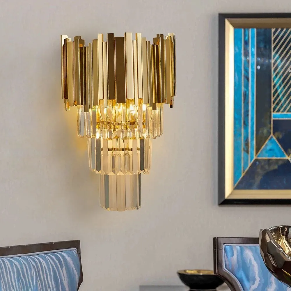 Sophisticated Crystal Wall Sconce in Gold, Chrome, or Black for Living Room, Bedroom, and Hallway Illumination