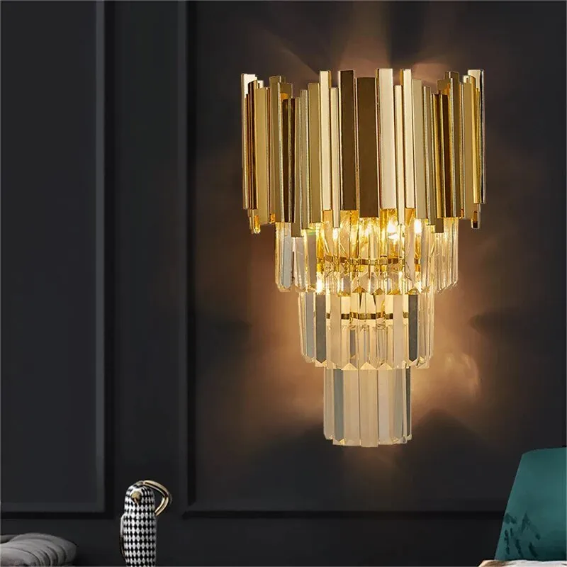 Sophisticated Crystal Wall Sconce in Gold, Chrome, or Black for Living Room, Bedroom, and Hallway Illumination