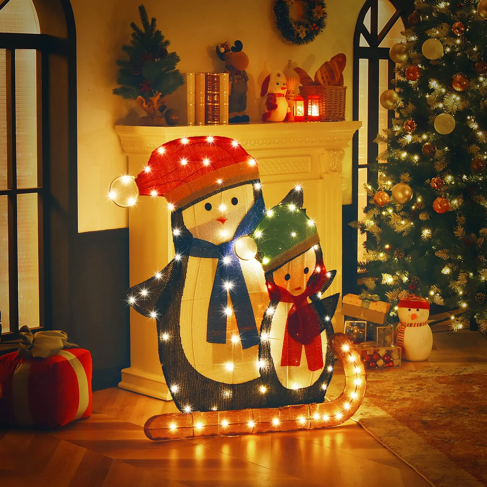 Tangkula 54 inches Christmas Double Snowman Yard Sign with LED Lights