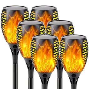 Upgraded 6 Pack Super Larger Size Solar Flame Torch Extra Bright Solar Lights Outdoor Decorative with Flickering Flame, Solar Outdoor Lights for Christmas Decoration Pathway Auto On and Off (Orange)