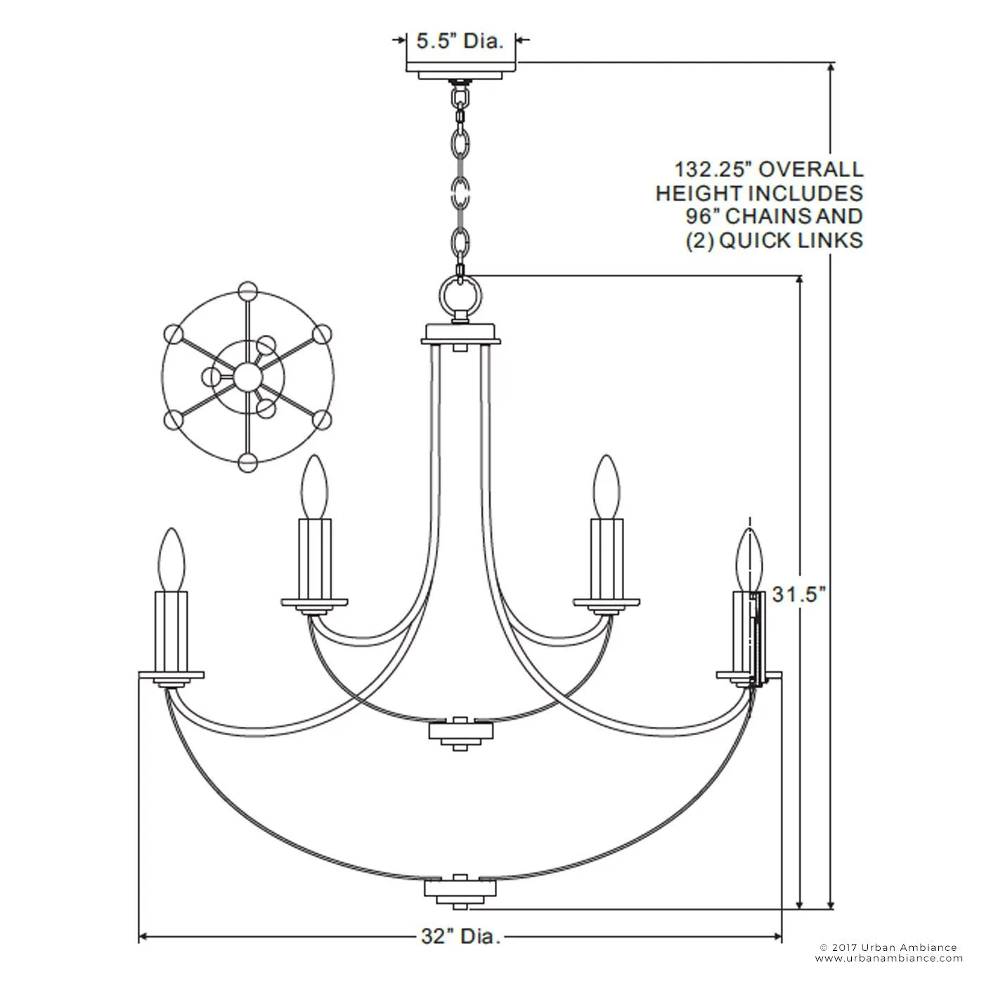 UQL2012 Mid-Century Modern Modern Chandelier, 31.5"H x 32"W, Black Silk Finish, Marseille Collection