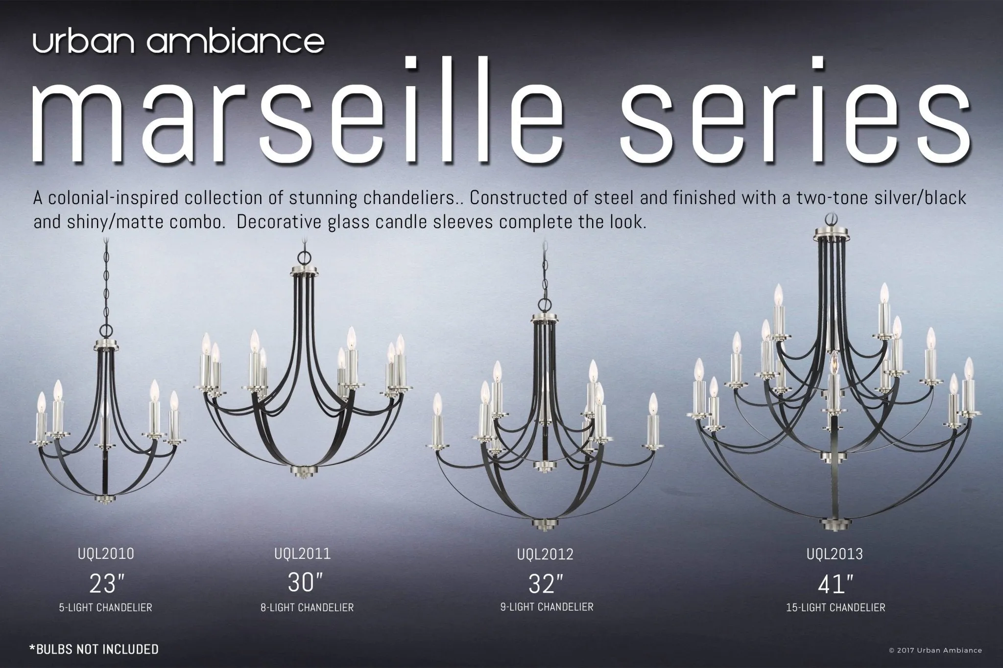 UQL2012 Mid-Century Modern Modern Chandelier, 31.5"H x 32"W, Black Silk Finish, Marseille Collection