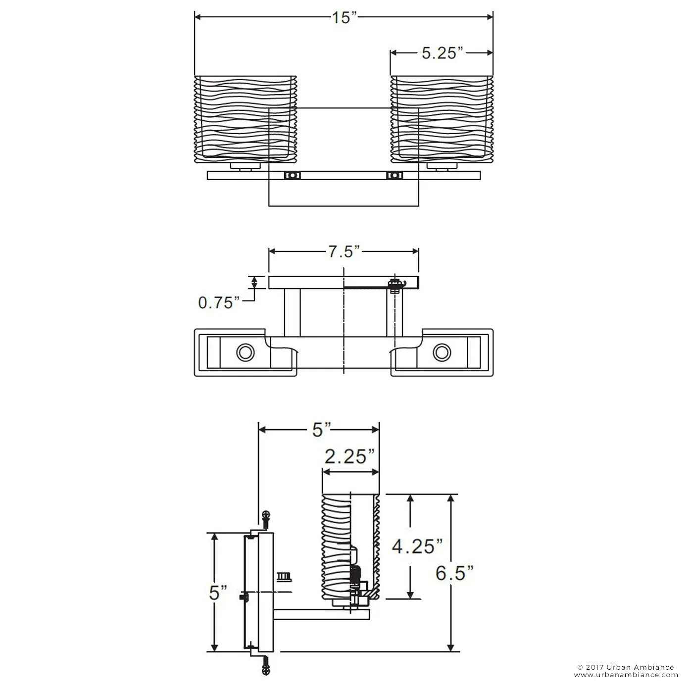 UQL2720 Modern Bathroom Light, 6.75"H x 15"W, Brushed Nickel Finish, San Diego Collection