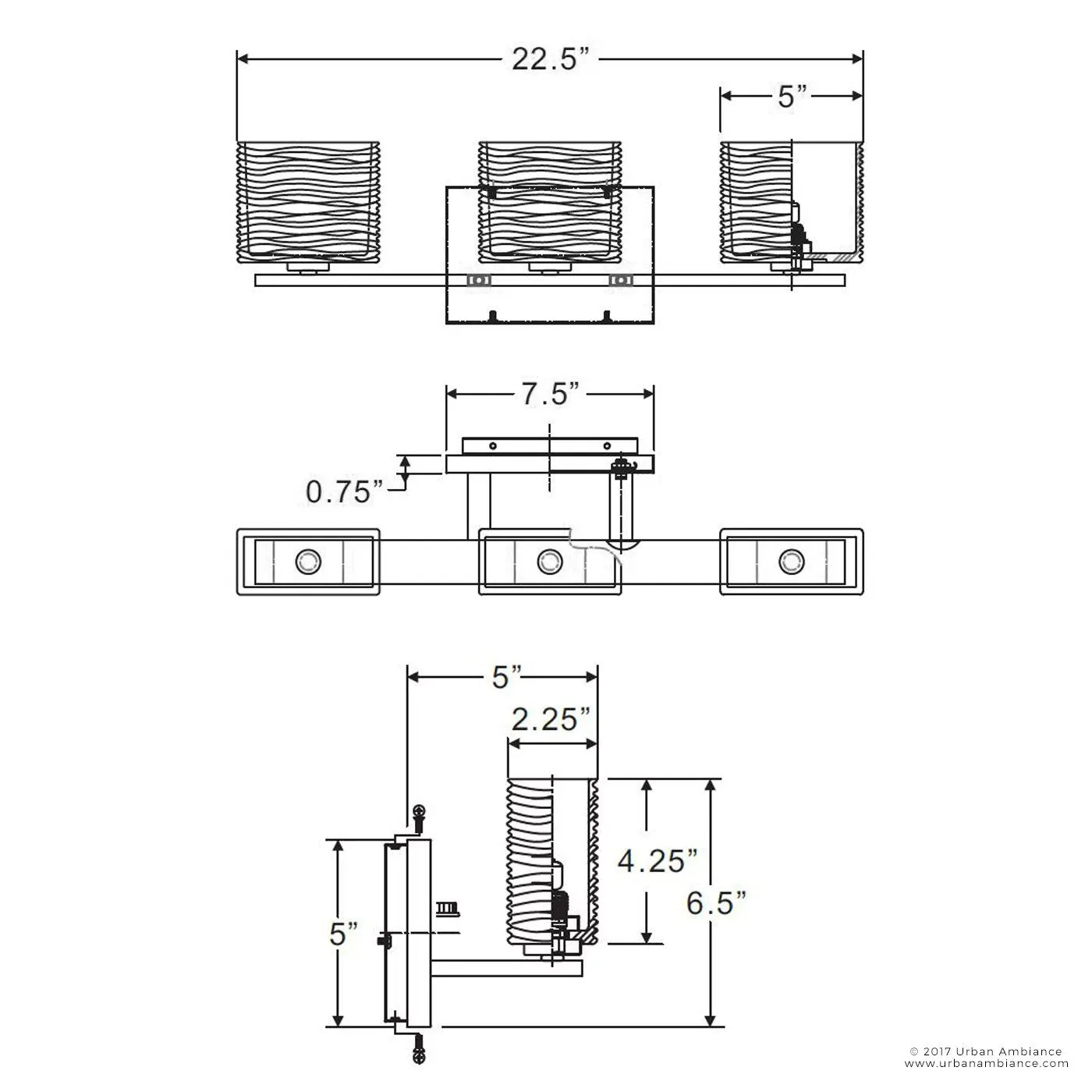 UQL2722 Modern Bathroom Light, 6.75"H x 22.5"W, Brushed Nickel Finish, San Diego Collection