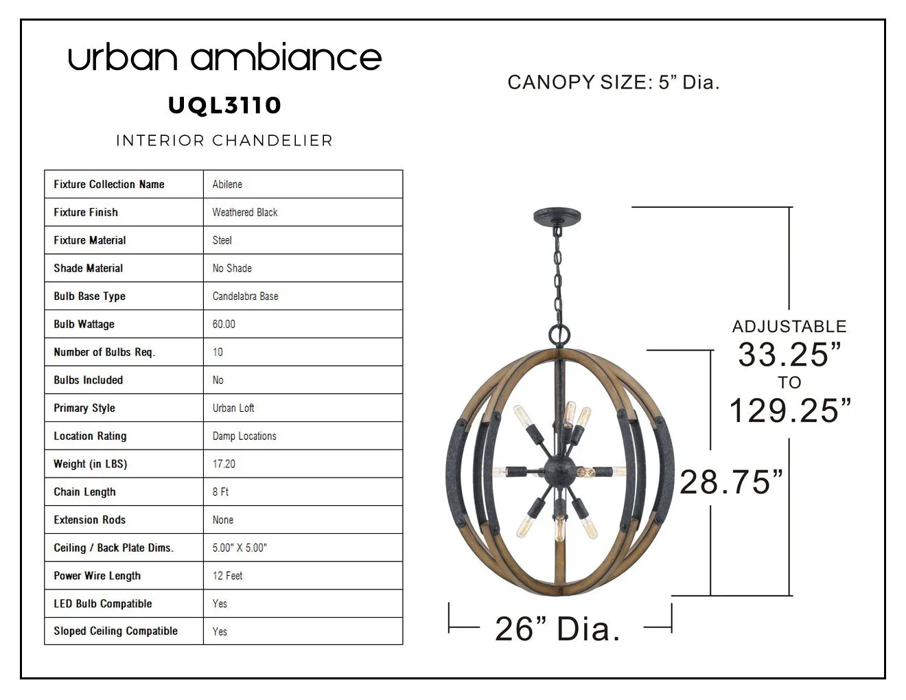 UQL3110 Urban Loft Chandelier, 28.75"H x 26"W, Weathered Black Finish, Abilene Collection